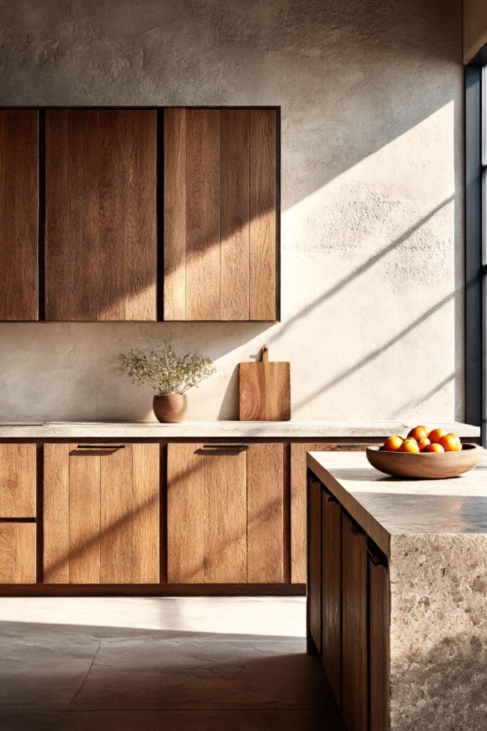 warm wood kitchen cabinets with plaster walls and stone island in organic modern neutral kitchen design